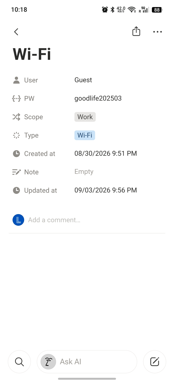 a screenshoot of combination lock, which is a notion template developed by LinLi-Dev. Its title is Wi-Fi, User is Guest, PW which means password is goodlife202503, Scope is Work, Type is Wi-Fi, Created at Aug 30th, 2026 9:51 PM, and Updated at Sep 3rd 2026 9:56 PM
