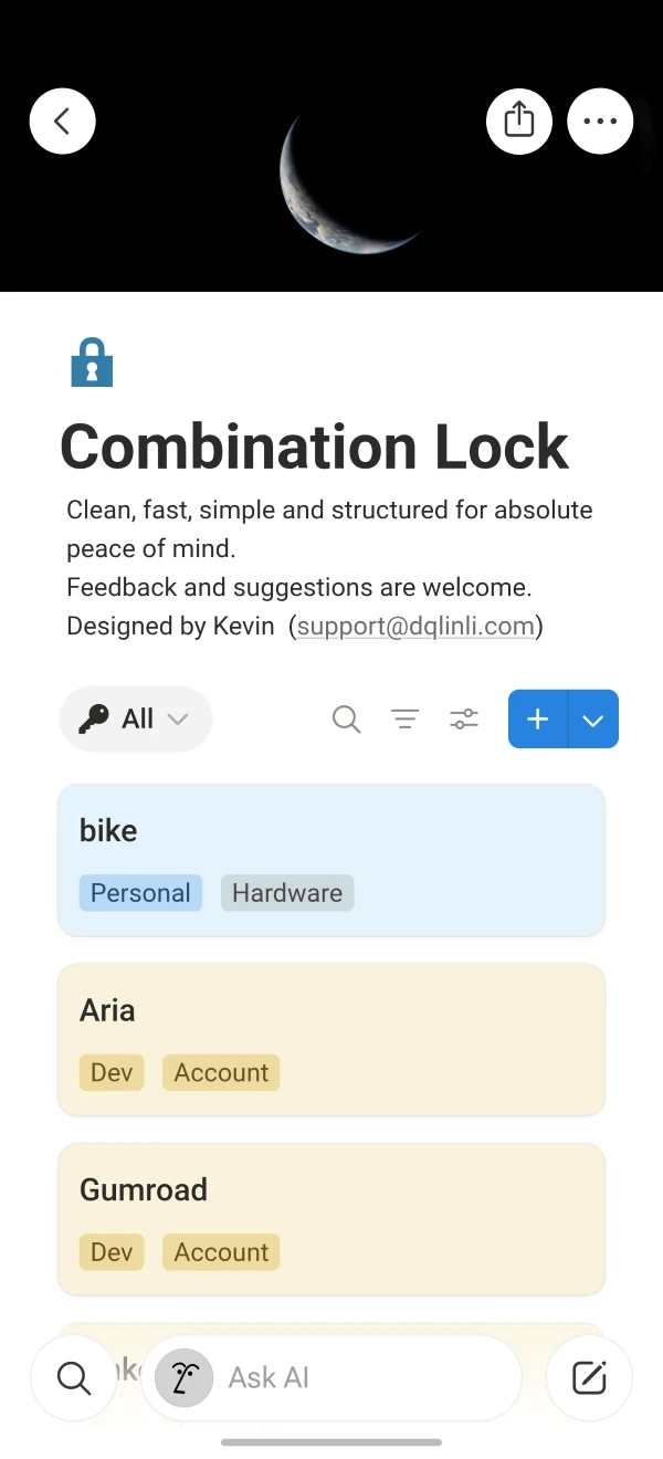 a screenshoot of combination lock, which is a notion template developed by LinLi-Dev